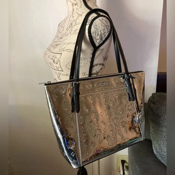 Michael Kors Metallic Silver Monogram Mirror Zipper Top Ciara Tote Bag Purse - Picture 4 of 17